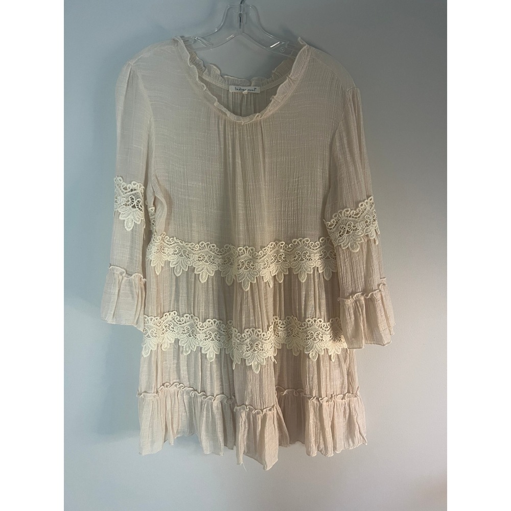 Indigo Soul Cream Crinkle Gauze Boho Tunic Top Crochet Lace Tiered Ruffle Medium
